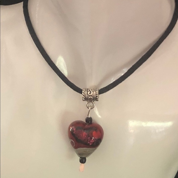 Ruby Red Glass Heart Pendant Necklace and Earrings - Picture 3 of 12